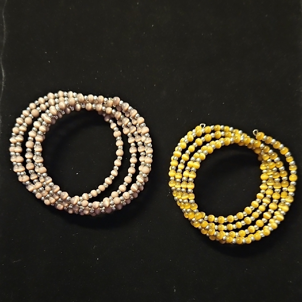 Elegant Beaded Memory Wire Bracelet Set - 1 Purple & 1 Brown